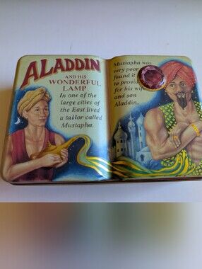 3/$50 Vintage 1995 Silver Crane Company Aladdin  Book Shaped Tin